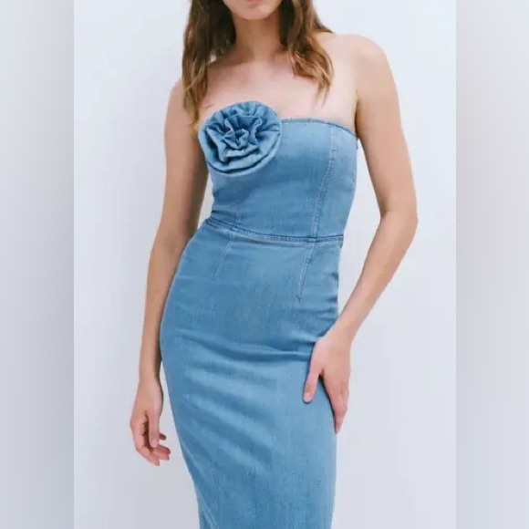 Torn By Ronny Kobo Renee Denim Rosette Strapless Midi Dress - Picture 3 of 6